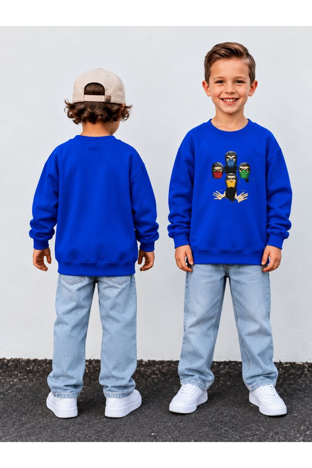 Boy's Crew Neck Sweatshirt Printed 3 Yarn Threaded Winter Comfortable Fit Cotton Sweatshirt