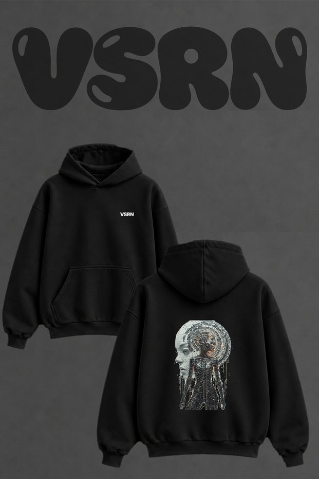 Aı Woman Design Back Printed Oversize Black Hooded Sweatshirt