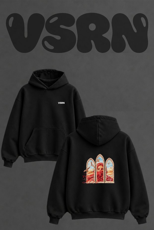 Red Veil Woman Design Back Printed Oversize Black Hooded Sweatshirt