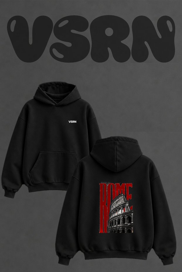 Colosseum Rome Design Back Printed Oversize Black Hooded Sweatshirt