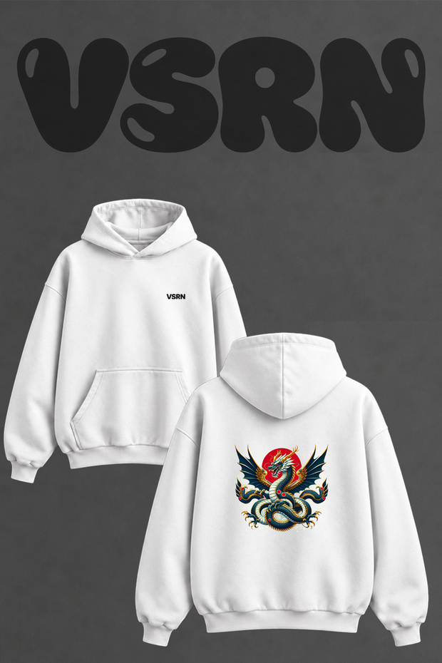 Japanese Dragon_2 Design Back Print Oversize White Hooded Sweatshirt