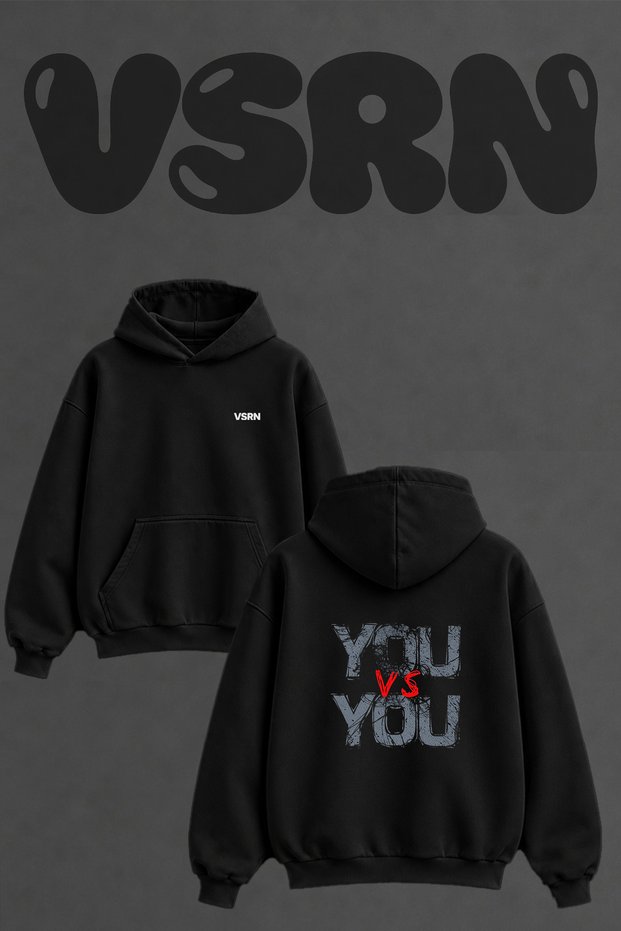 You Vs You Design Back Printed Oversize Black Hooded Sweatshirt