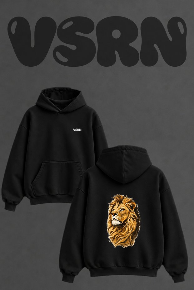 Lion Head Design Back Printed Oversize Black Hooded Sweatshirt