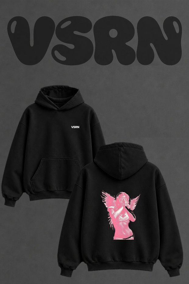 Pink Angel Design Back Printed Oversize Black Hooded Sweatshirt