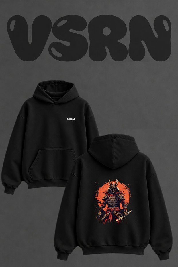 Japanese Samurai Design Back Printed Oversize Black Hooded Sweatshirt