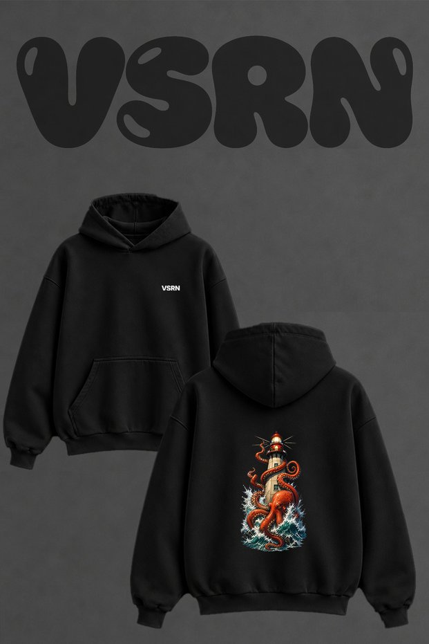 Lighthouse Octopus Design Back Printed Oversize Black Hooded Sweatshirt