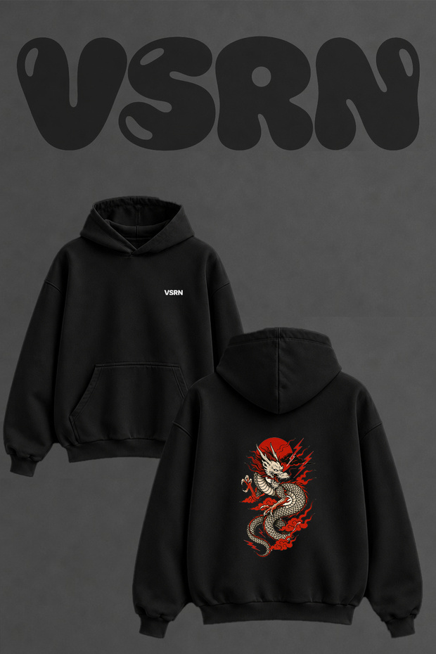 Irezumi Dragon Design Back Printed Oversize Black Hooded Sweatshirt