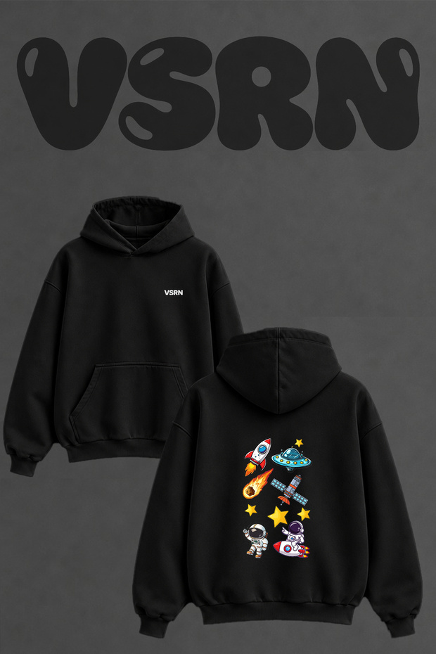 Astronaut Rocket Ufo Design Back Printed Oversize Black Hooded Sweatshirt