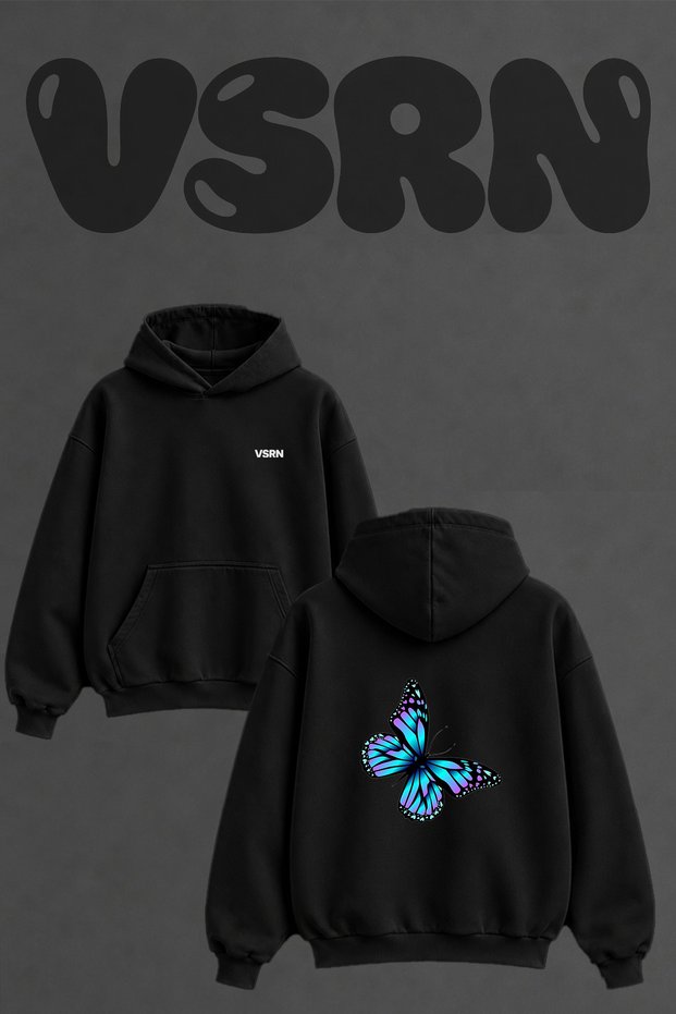 Blue Purple Butterfly_1 Design Back Printed Oversize Black Hooded Sweatshirt