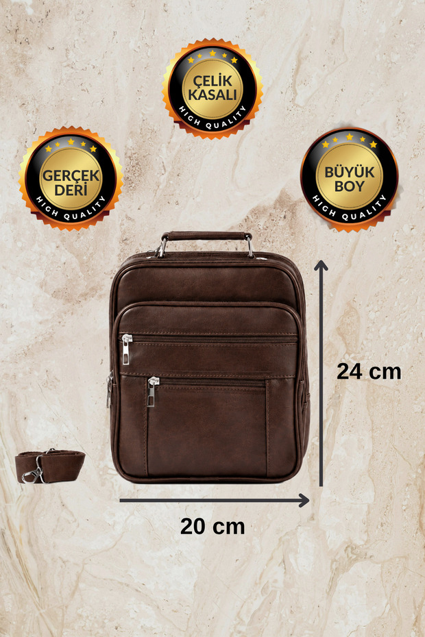 Large Size Brown Men's Hand and Shoulder Bag with Steel Case (Genuine Leather)