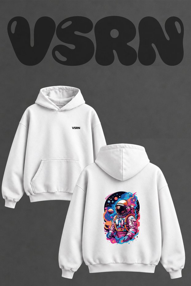 Neon Astronaut_2 Design Back Printed Oversize White Hooded Sweatshirt