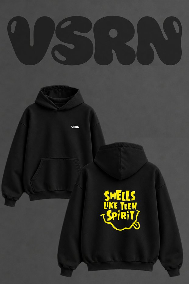 Nirvana Teen Spirit Design Back Printed Oversize Black Hooded Sweatshirt