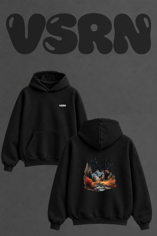 Elk Mountain Design Back Printed Oversize Black Hooded Sweatshirt