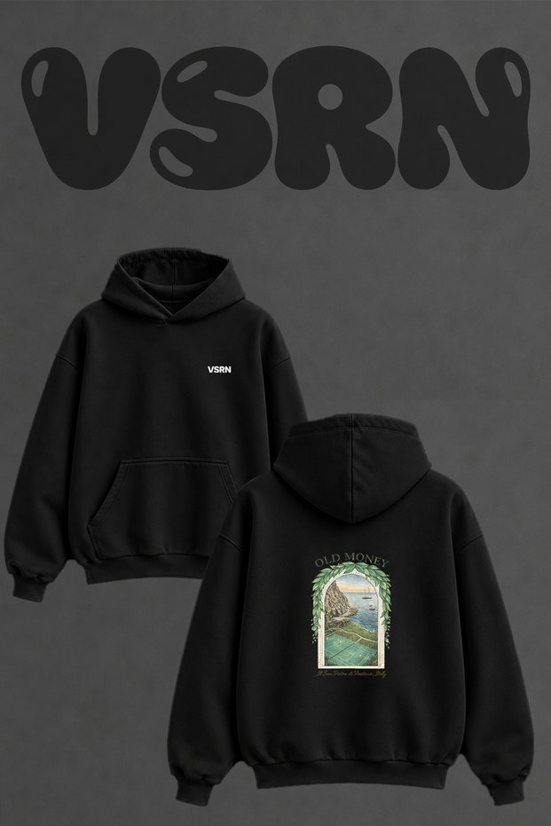 Old Money_1 Design Back Printed Oversize Black Hooded Sweatshirt