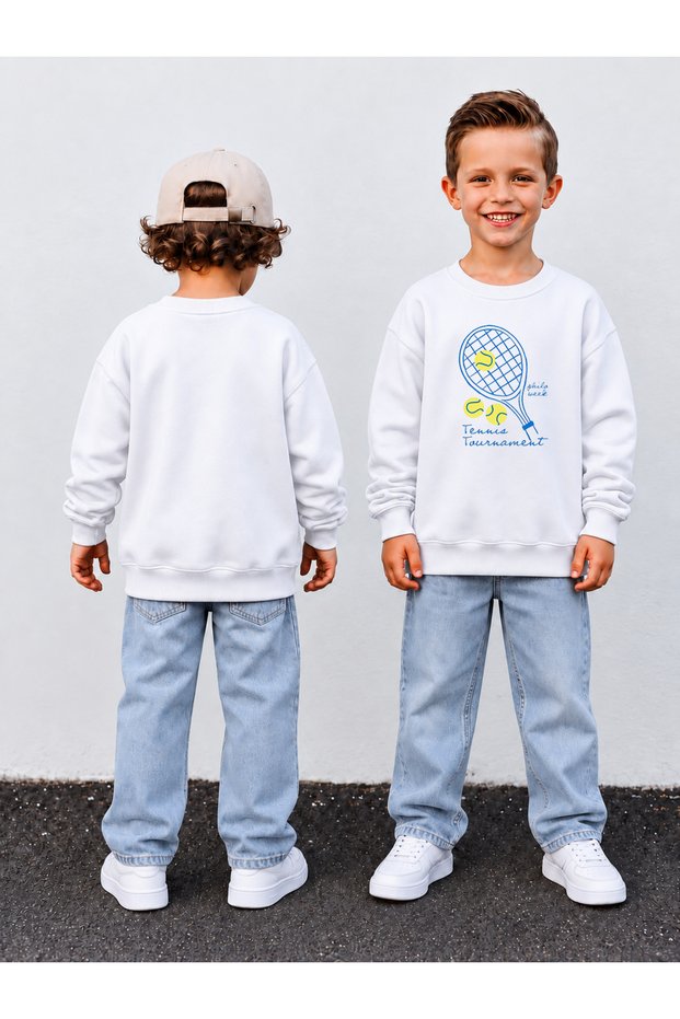 Boy's Crew Neck Sweatshirt Printed 3 Yarn Threaded Winter Comfortable Fit Cotton Sweatshirt
