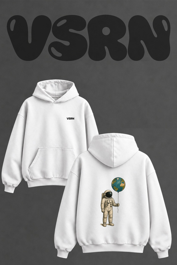 Astronaut Earth Design Back Printed Oversize White Hooded Sweatshirt