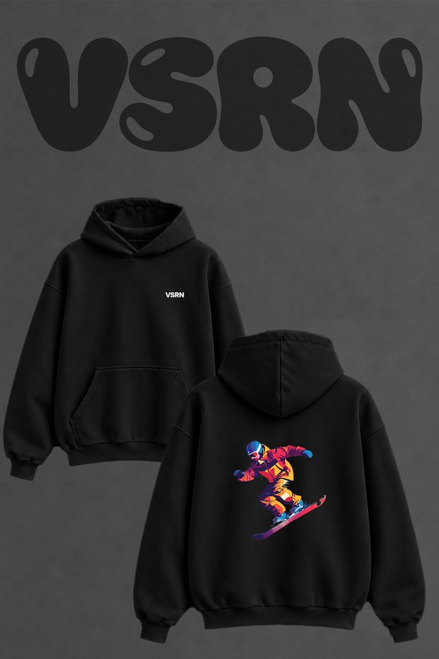 Snowboarder Design Back Printed Oversize Black Hooded Sweatshirt