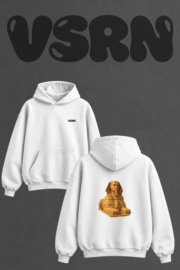 Great Sphinx Design Back Printed Oversize White Hooded Sweatshirt