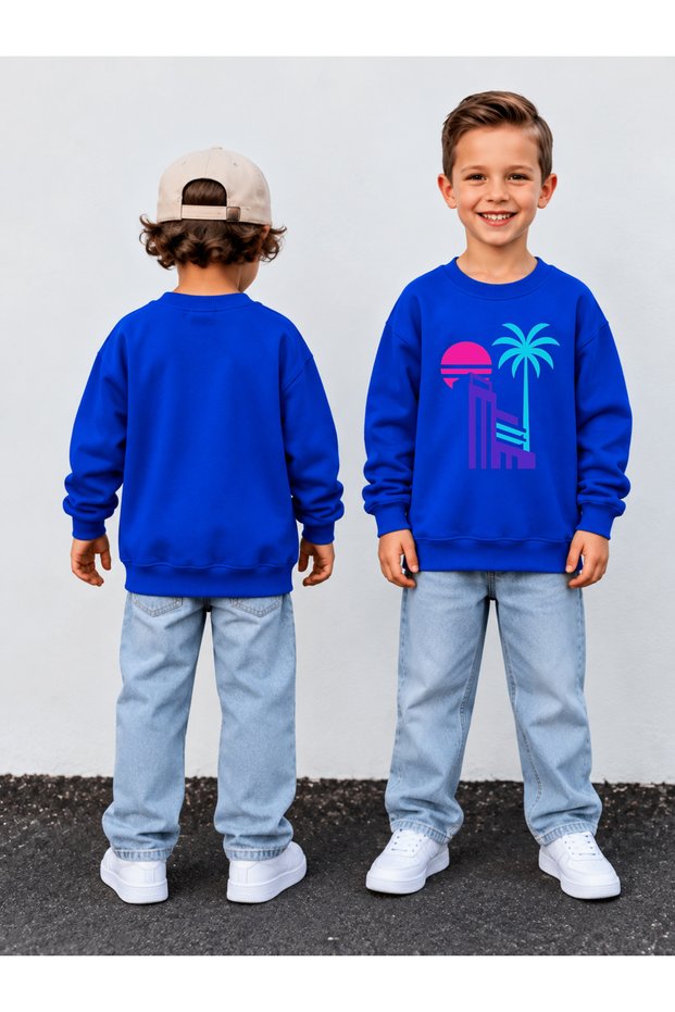 Boy's Crew Neck Printed Sweatshirt 3 Thread Threaded Winter Comfortable Fit Cotton Sweatshirt