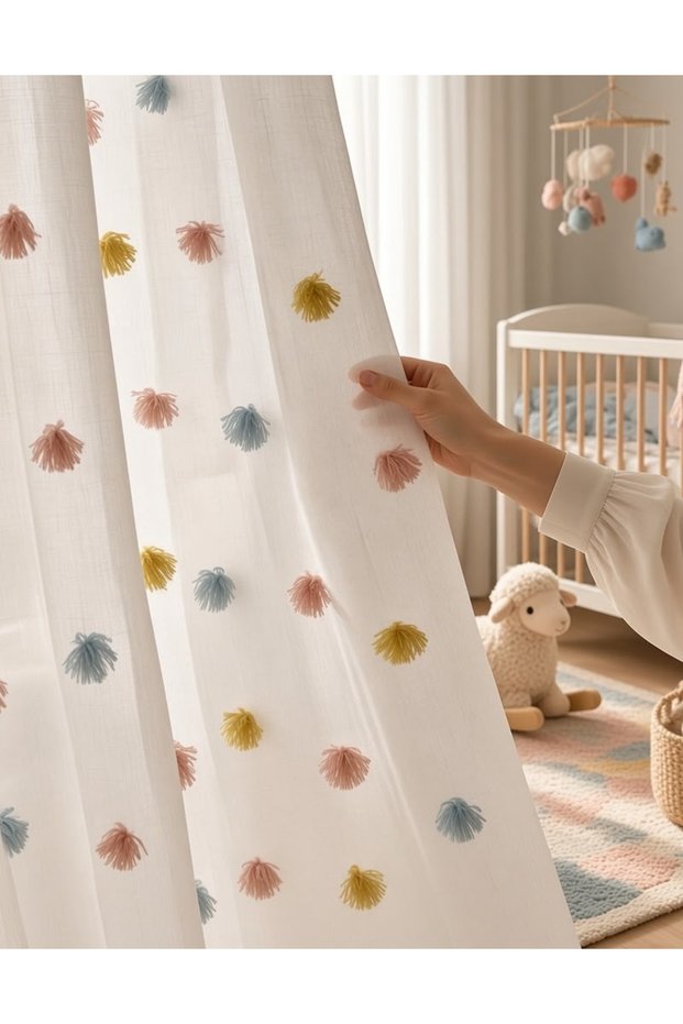 Tulle Curtain New Season Pompom Folded Linen Tulle, Pleated, Tasseled Wrinkle-Free Children's Room Tulle