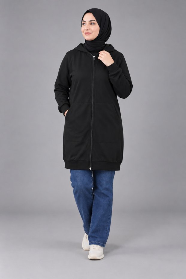 Women's Hijab Hooded Long Zipper Sweatshirt – Large Size Sports Cardigan with Pockets T2-20150