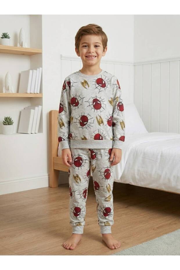 Boys' Cotton Fabric Gray Color Spider Patterned Long Sleeve Winter Pajama Set