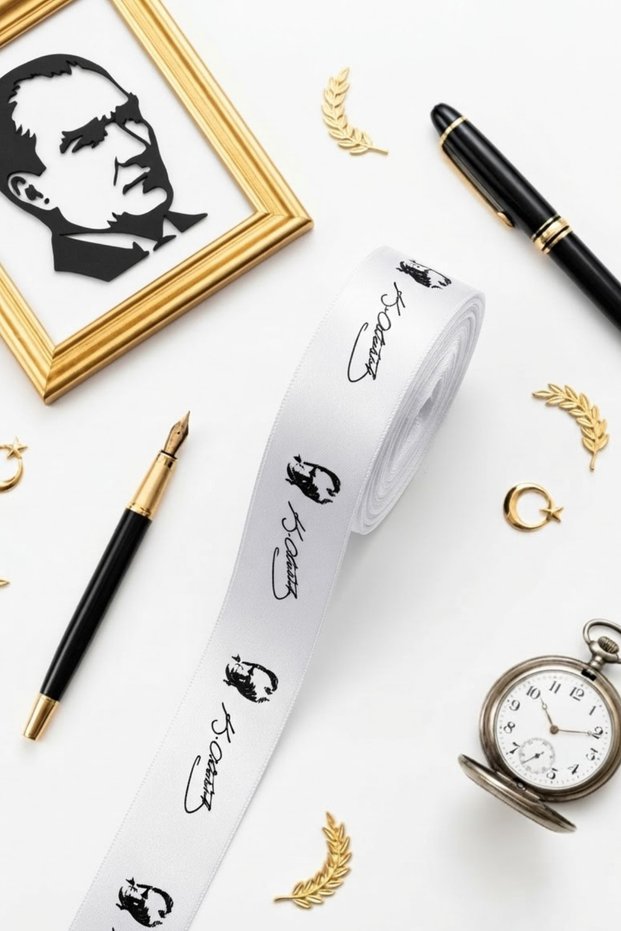 1 Piece of Elegant Satin White Ataturk Themed Ribbon 4 cm 10 Meters
