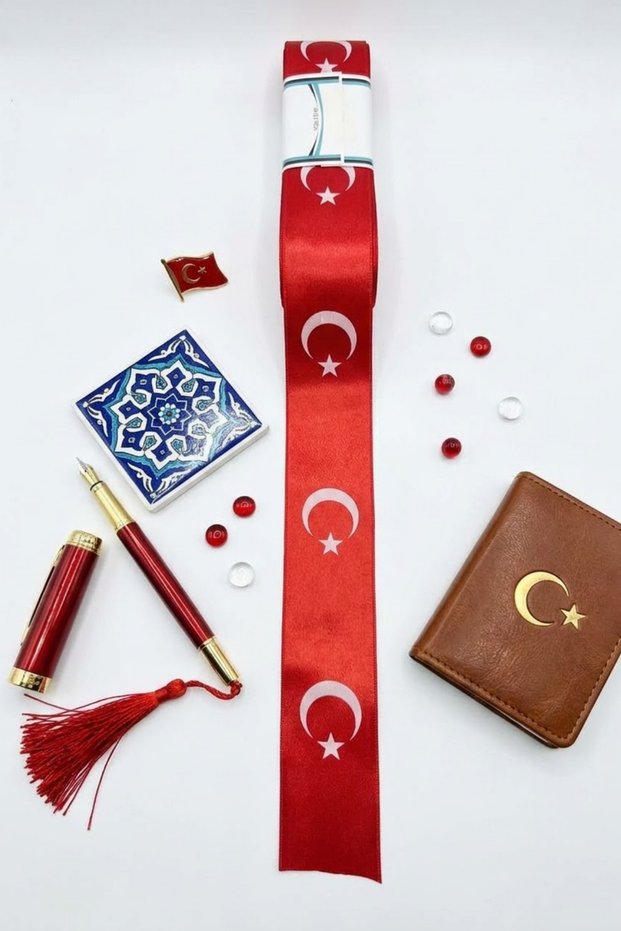 1 Piece of Elegant Satin Red Crescent and Star Themed Ribbon 4 cm 10 Meters