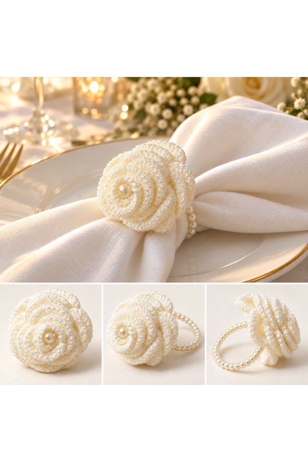 Crochet Knitted Pearl Detailed Rose Napkin Ring Set of 6 Off-White