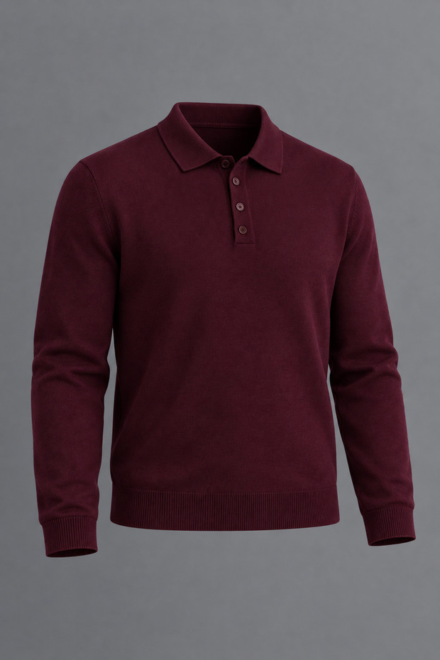 Men's Polo Collar Buttoned Casual Knitwear Burgundy Sweater