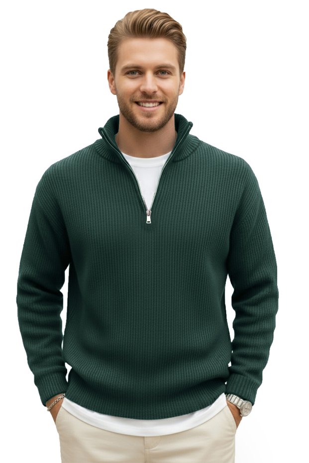 Men's Green Half-Zip Oversize Cut Knitwear Sweater – Soft Textured Knit Sweater 2608511