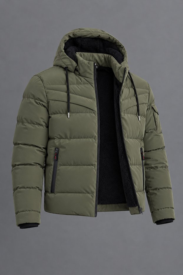 Men's Sport Cut Hooded Puffer Khaki Coat