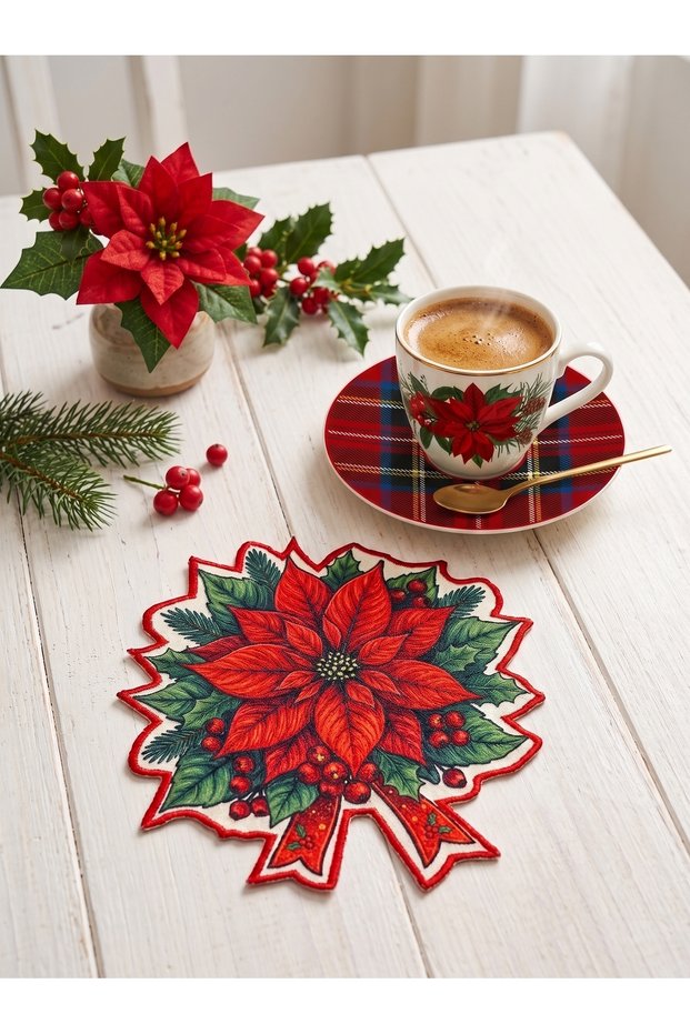 New Year Collection Poinsettia Embroidered Cocktail Napkin 1 Piece