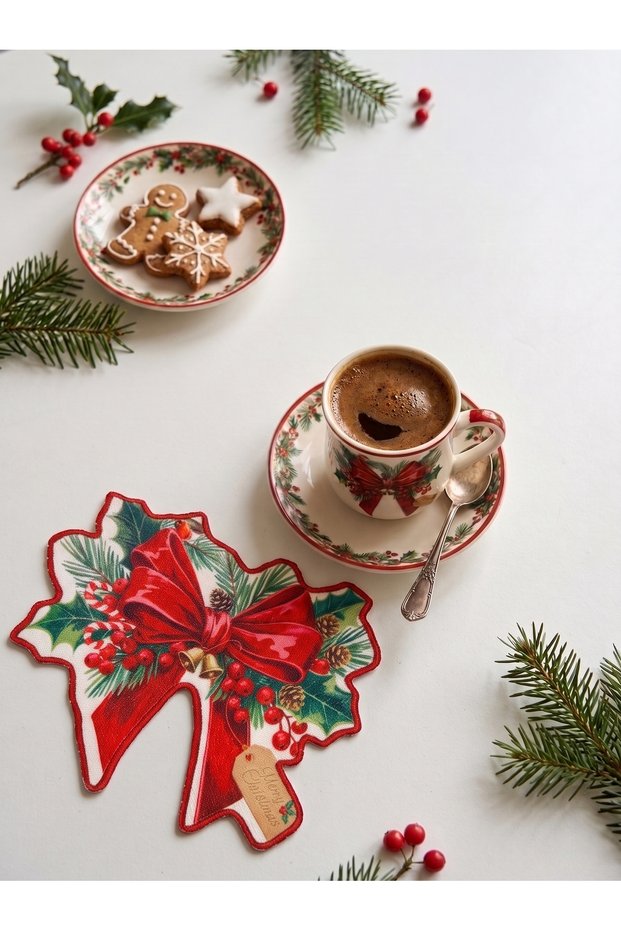 New Year's Red Ribbon and Pine Branch Embroidered Cocktail Napkin 1 Piece