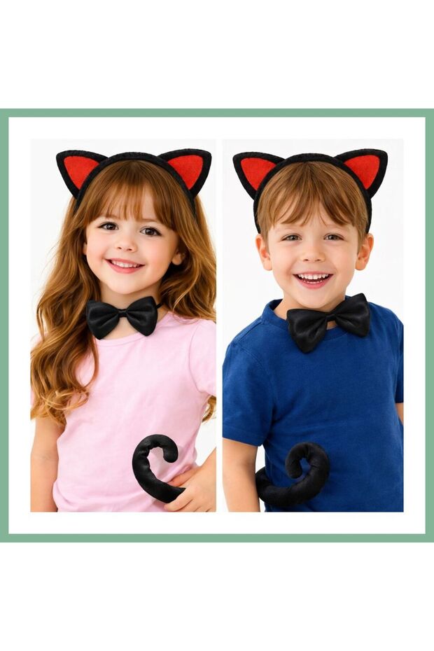 Red Eared Cat Costume Set – Crown Bow Tie Tail 3 Pieces Bsk2026