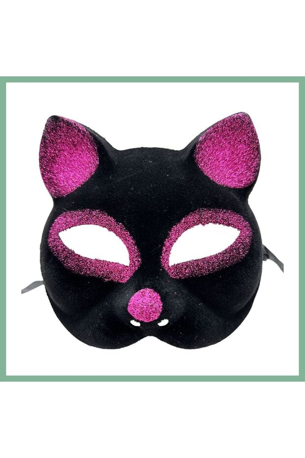 Black Color Fuchsia Glitter Suede Coated Cat Mask 18X14 cm Bsk2026