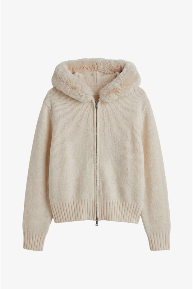 Cream Color Hooded Fur Cardigan