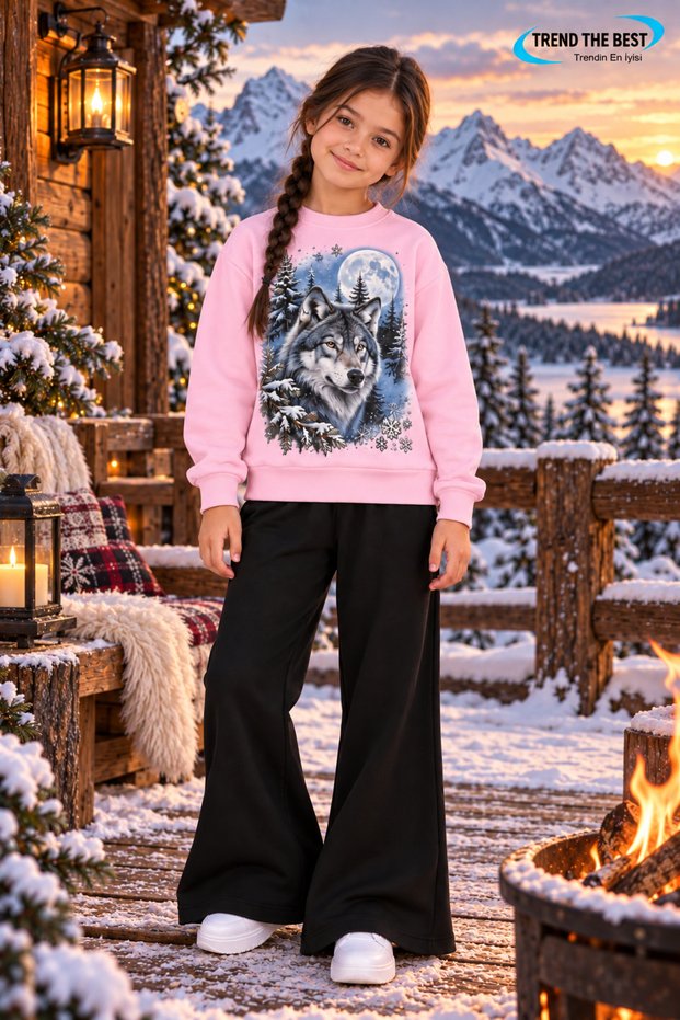 Winter, Spring, and Autumn Girls' Black Spanish Flared Bottoms and Pink Sweat Top