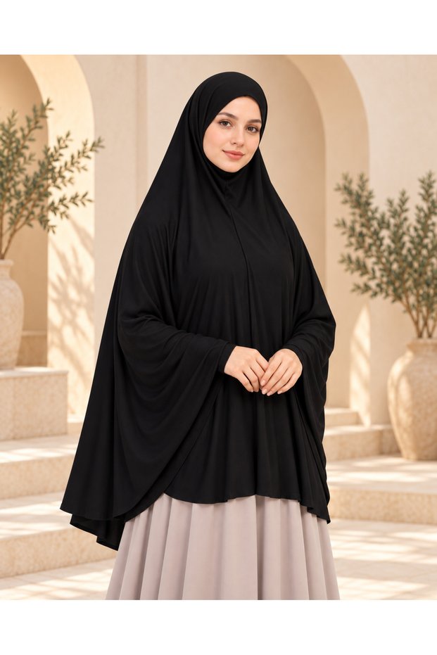 Long Souffle Veil with Sleeves, Veilless Practical Scarf, Ready-To-Wear Turban, Viscose Lycra, Black