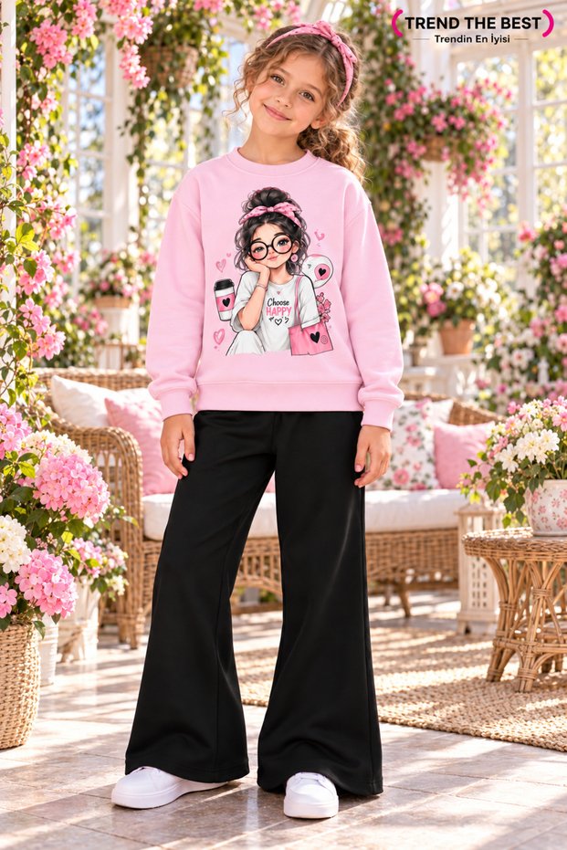 Winter, Spring, and Autumn Girls' Black Spanish Flared Bottoms and Pink Sweat Top