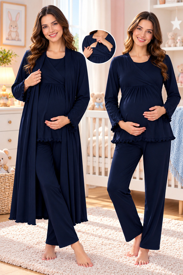 Cotton Maternity Pajama Set with Hidden Nursing Feature and Robe Effortt