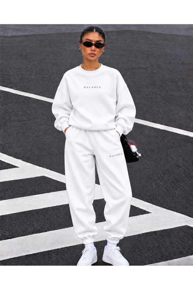 Women/Men Balance Custom Printed Cotton Oversize Jogger Crewneck Sweatshirt Top and Bottom Set