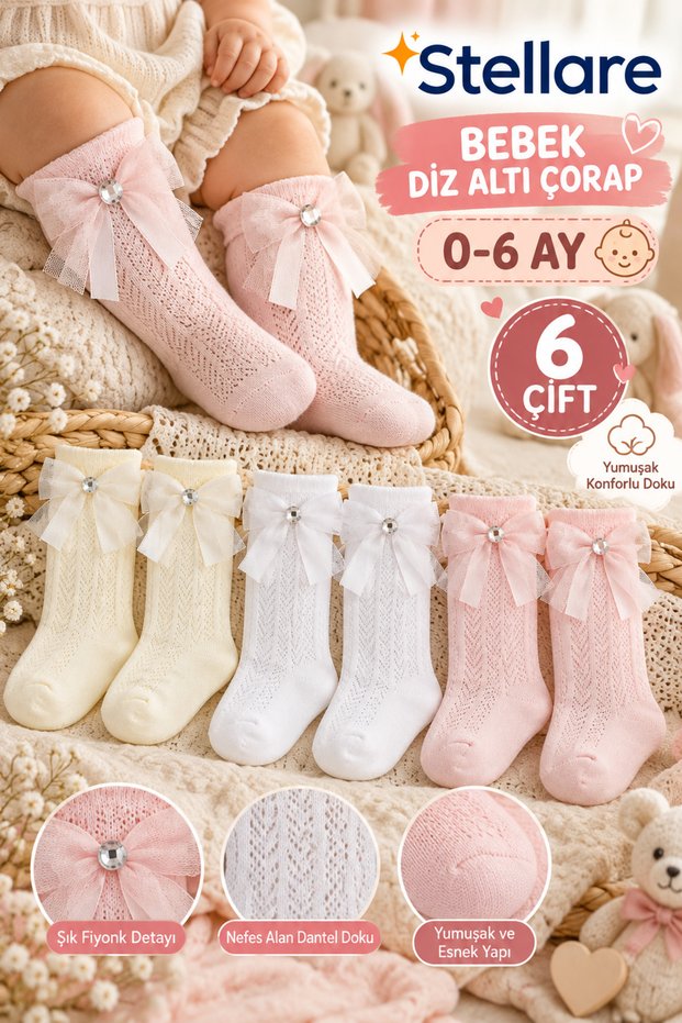 6 Pairs Baby Girl Bowknot Knee Socks Set (0-6 Months) - Lace Textured Cotton Special Occasion Socks