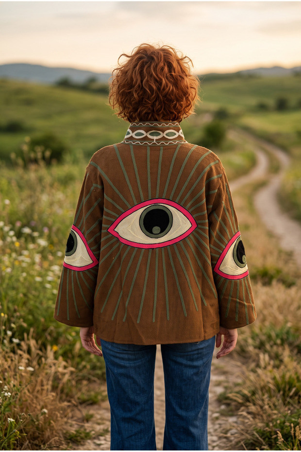 Women's Suzani Embroidered Linen Jacket – Eye Patterned Ethnic Bohemian Design