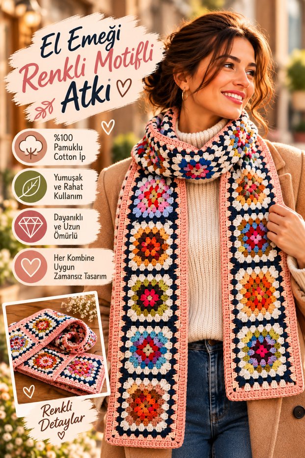 Women's Knitted Scarf Multi-Colored Granny Square Patterned Cotton Yarn Hand Knitted Scarf 250X16 cm