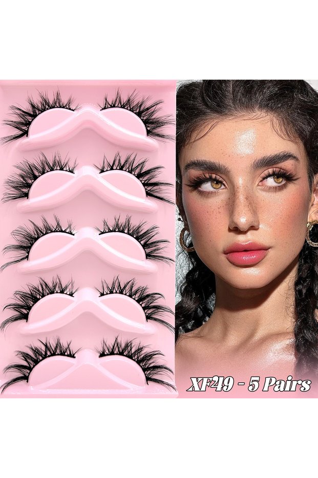 0.10mm XF-49 5 Pairs Pre-Glued False Eyelashes No Glue Needed 3D Fluffy D Curl Lashes Reusable Natur