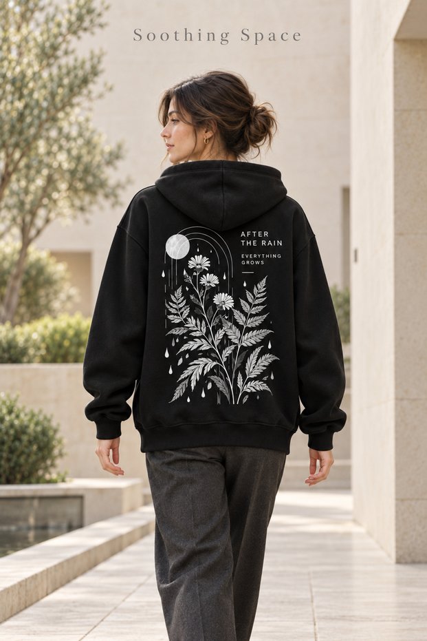 Flower and Leaf Printed Hooded Sweatshirt with Front and Back Prints and Kangaroo Pocket