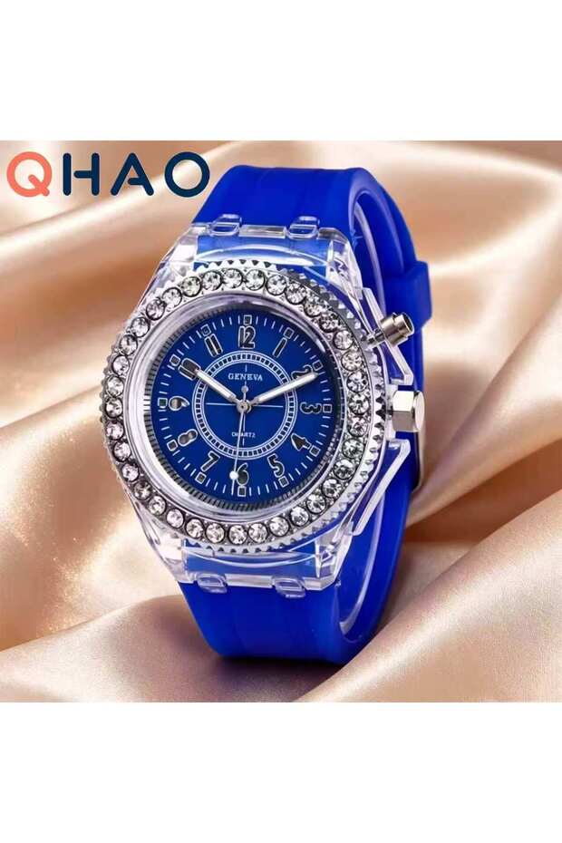 Blue B LED Light Flash Luminous Watches Women Men Boys Girls Silicone Wrist Watch Fashion Rhinestone
