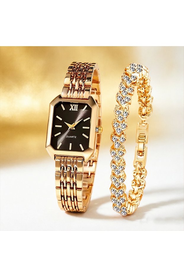 Gold Black No Box 2PCS Fashion Rectangular Dial Women's Quartz Watch Love Bracelet