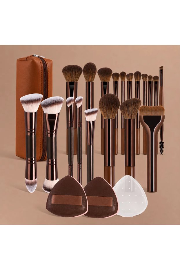 22pcs Brush Set, Includes 14pcs Makeup Brushes + 1pc Makeup Bag + 2pcs Makeup Sponges, Containing Fo